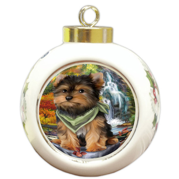 Scenic Waterfall Yorkshire Terrier Dog Round Ball Christmas Ornament RBPOR49568