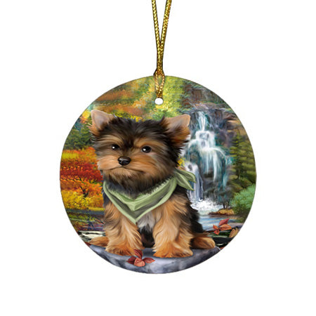 Scenic Waterfall Yorkshire Terrier Dog Round Flat Christmas Ornament RFPOR49559