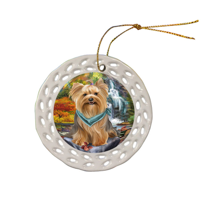 Scenic Waterfall Yorkshire Terrier Dog Ceramic Doily Ornament DPOR49569