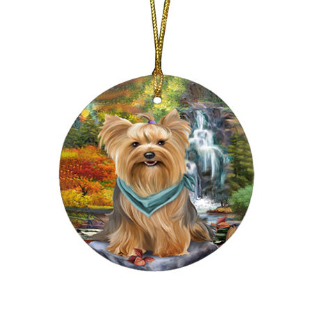 Scenic Waterfall Yorkshire Terrier Dog Round Flat Christmas Ornament RFPOR49560