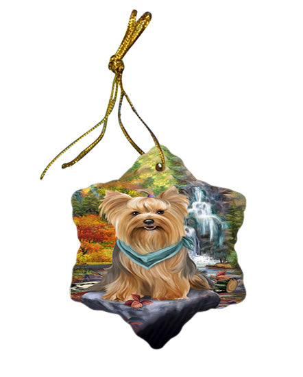 Scenic Waterfall Yorkshire Terrier Dog Star Porcelain Ornament SPOR49561