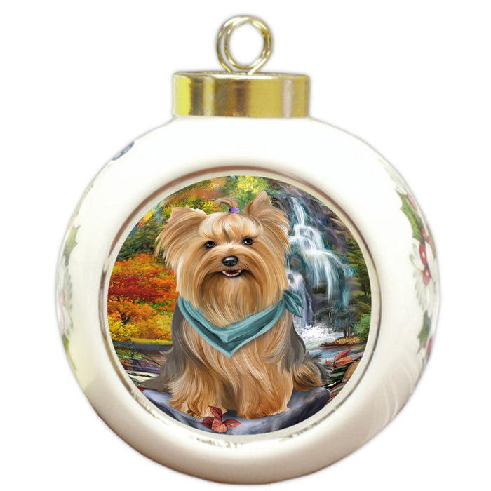 Scenic Waterfall Yorkshire Terrier Dog Round Ball Christmas Ornament RBPOR49569