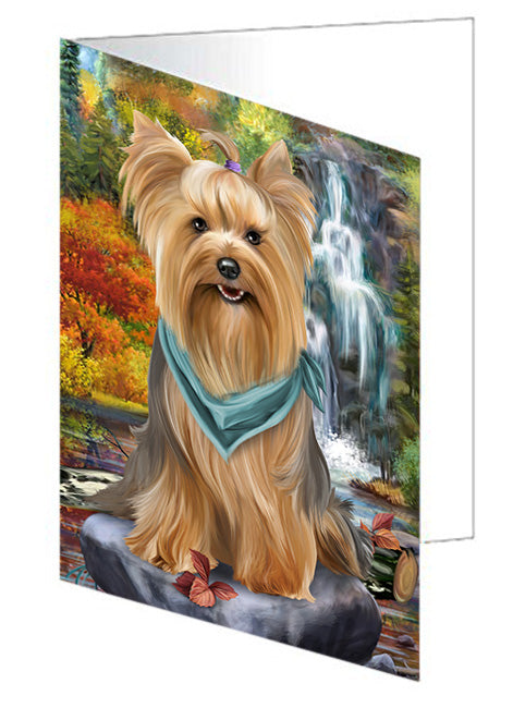 Scenic Waterfall Yorkshire Terrier Dog Handmade Artwork Assorted Pets Greeting Cards and Note Cards with Envelopes for All Occasions and Holiday Seasons GCD52634