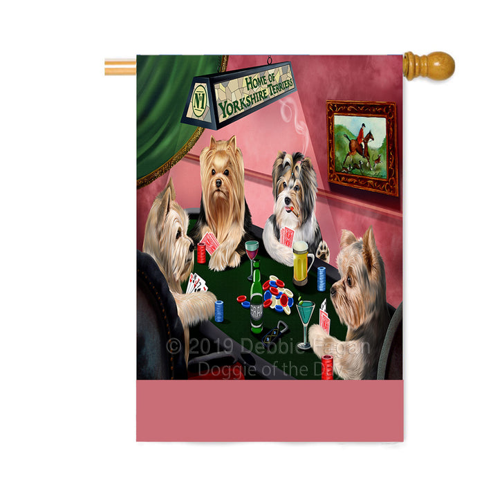 Personalized Home of Yorkshire Terrier Dogs Four Dogs Playing Poker Custom House Flag FLG-DOTD-A60365