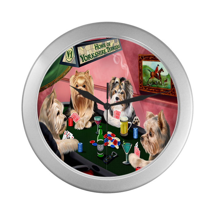 Home of Yorkshire Terrier Dogs Playing Poker Silver Wall Clocks