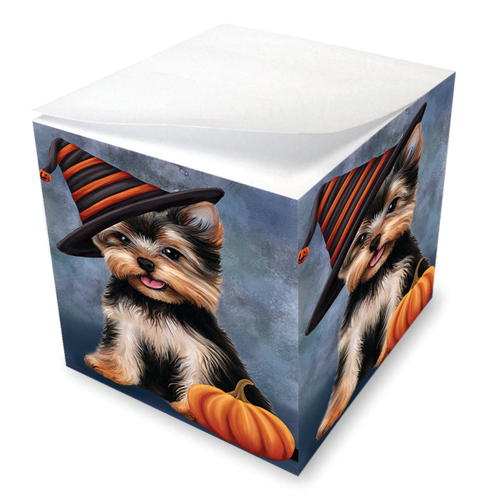 Happy Halloween Yorkshire Terrier Dog Wearing Witch Hat with Pumpkin Note Cube NOC56492