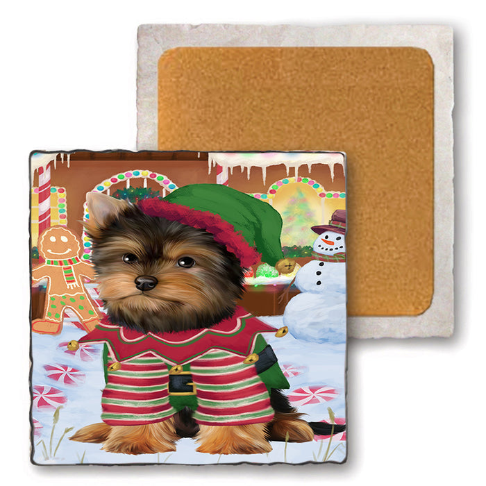 Christmas Gingerbread House Candyfest Yorkshire Terrier Dog Set of 4 Natural Stone Marble Tile Coasters MCST51608