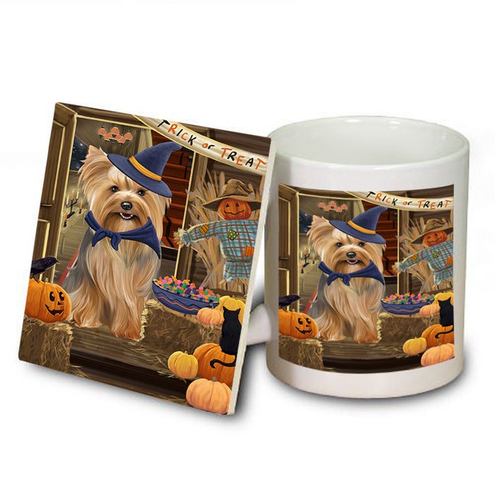 Enter at Own Risk Trick or Treat Halloween Yorkshire Terrier Dog Mug and Coaster Set MUC53346