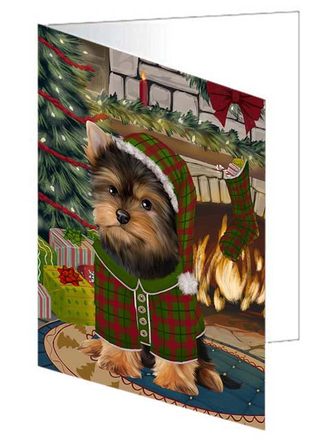 The Stocking was Hung Yorkshire Terrier Dog Handmade Artwork Assorted Pets Greeting Cards and Note Cards with Envelopes for All Occasions and Holiday Seasons GCD71525