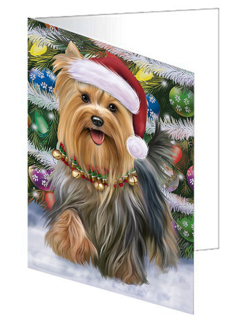 Trotting in the Snow Yorkshire Terrier Dog Handmade Artwork Assorted Pets Greeting Cards and Note Cards with Envelopes for All Occasions and Holiday Seasons GCD68228