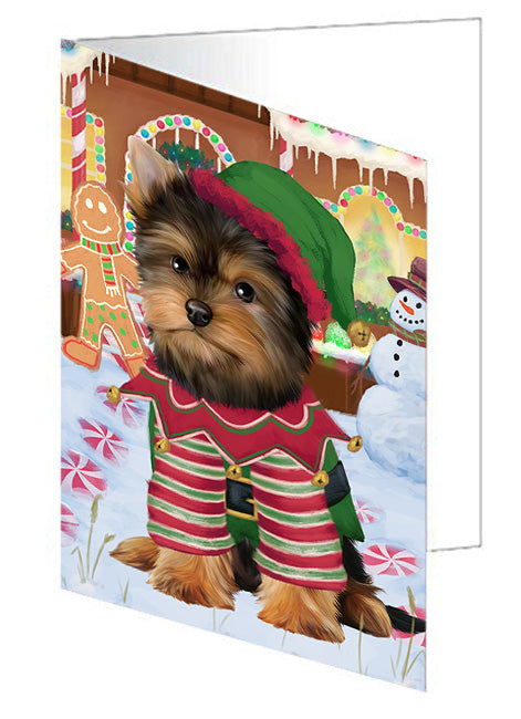 Christmas Gingerbread House Candyfest Yorkshire Terrier Dog Handmade Artwork Assorted Pets Greeting Cards and Note Cards with Envelopes for All Occasions and Holiday Seasons GCD74339