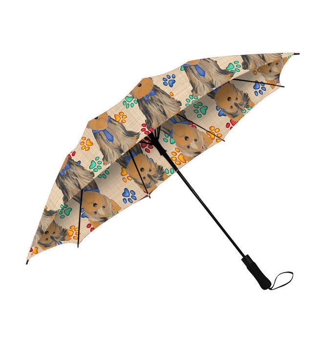 Rainbow Paw Print Yorkshire Terrier Dogs Blue Semi-Automatic Foldable Umbrella