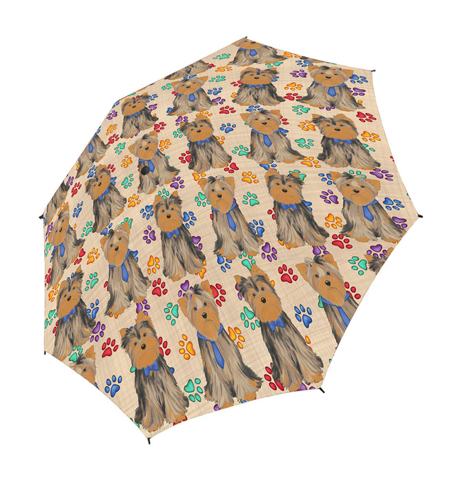 Rainbow Paw Print Yorkshire Terrier Dogs Blue Semi-Automatic Foldable Umbrella