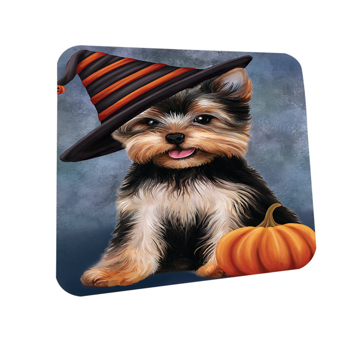 Happy Halloween Yorkshire Terrier Dog Wearing Witch Hat with Pumpkin Coasters Set of 4 CST54804