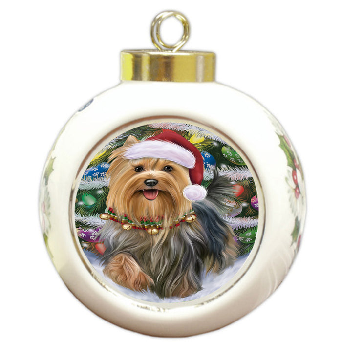 Trotting in the Snow Yorkshire Terrier Dog Round Ball Christmas Ornament RBPOR54733