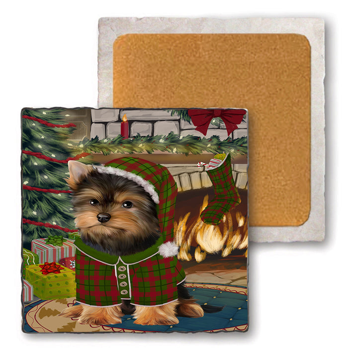 The Stocking was Hung Yorkshire Terrier Dog Set of 4 Natural Stone Marble Tile Coasters MCST50670