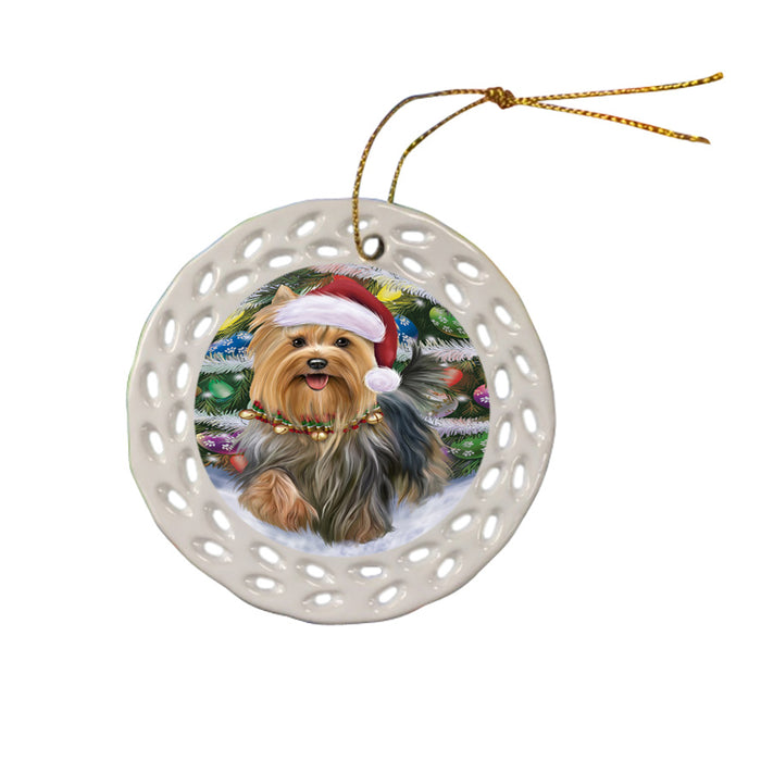 Trotting in the Snow Yorkshire Terrier Dog Ceramic Doily Ornament DPOR54733