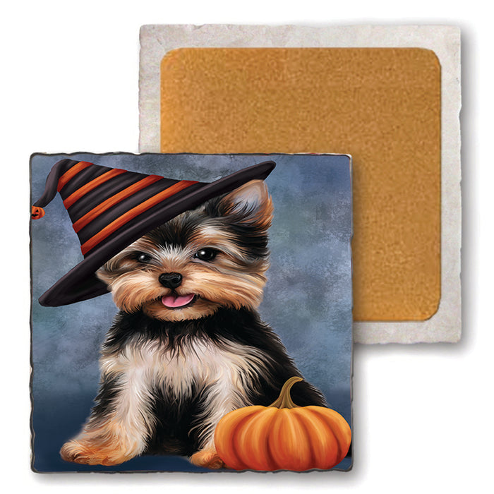 Happy Halloween Yorkshire Terrier Dog Wearing Witch Hat with Pumpkin Set of 4 Natural Stone Marble Tile Coasters MCST49846