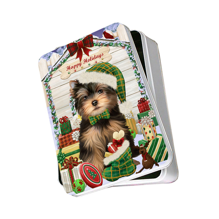 Happy Holidays Christmas Yorkshire Terrier Dog House With Presents Photo Storage Tin PITN51540
