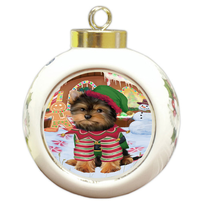 Christmas Gingerbread House Candyfest Yorkshire Terrier Dog Round Ball Christmas Ornament RBPOR56964