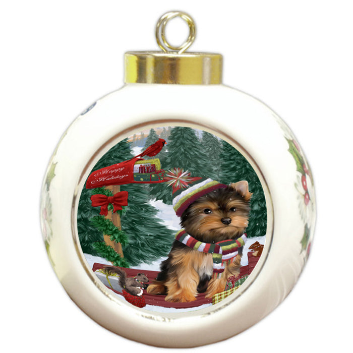 Merry Christmas Woodland Sled Yorkshire Terrier Dog Round Ball Christmas Ornament RBPOR55437