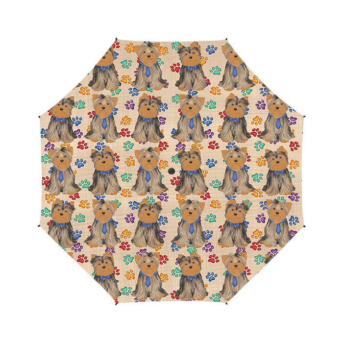 Rainbow Paw Print Yorkshire Terrier Dogs Blue Semi-Automatic Foldable Umbrella