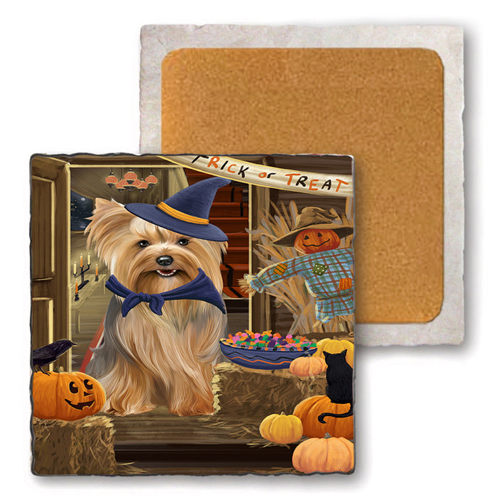 Enter at Own Risk Trick or Treat Halloween Yorkshire Terrier Dog Set of 4 Natural Stone Marble Tile Coasters MCST48354