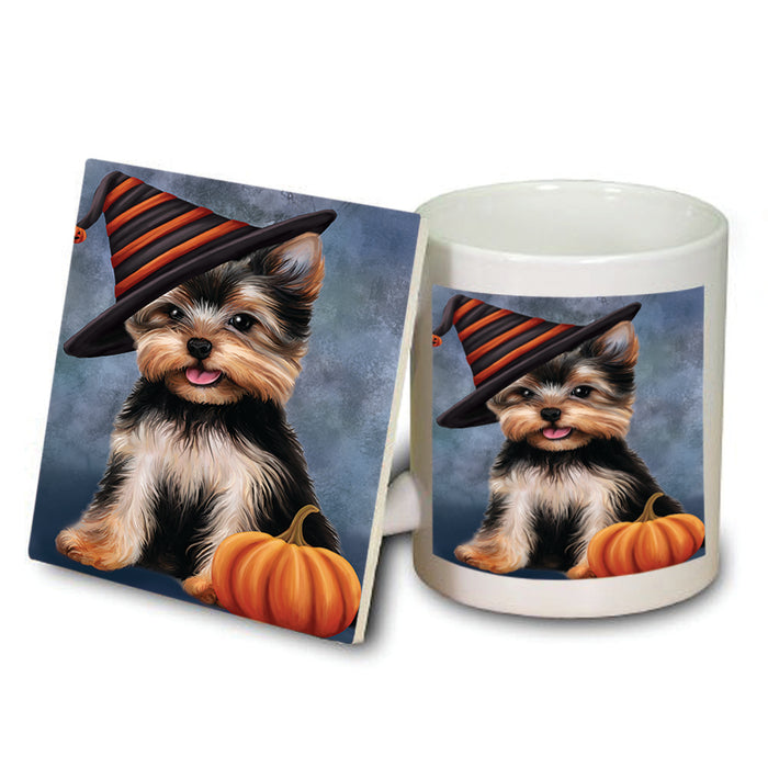 Happy Halloween Yorkshire Terrier Dog Wearing Witch Hat with Pumpkin Mug and Coaster Set MUC54838