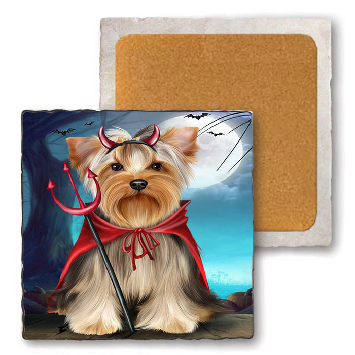 Happy Halloween Trick or Treat Yorkshire Terrier Dog Set of 4 Natural Stone Marble Tile Coasters MCST49548