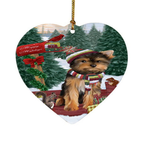 Merry Christmas Woodland Sled Yorkshire Terrier Dog Heart Christmas Ornament HPOR55437