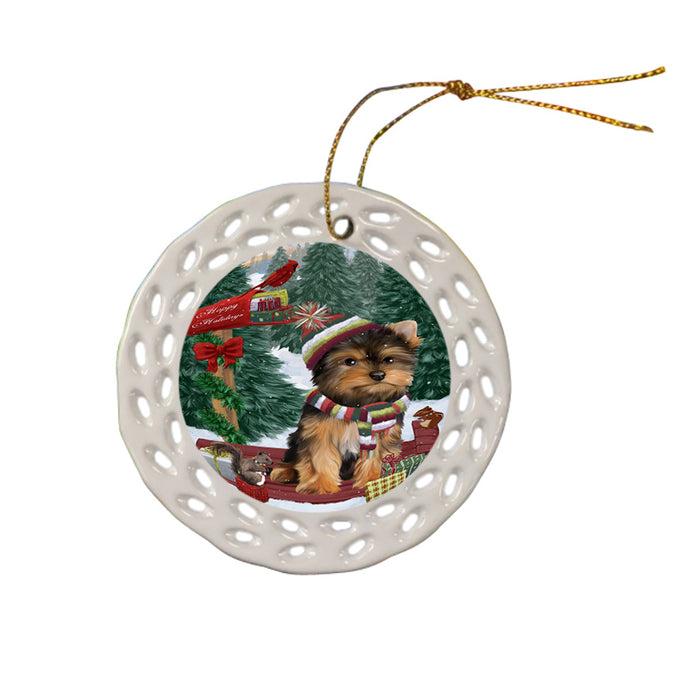 Merry Christmas Woodland Sled Yorkshire Terrier Dog Ceramic Doily Ornament DPOR55437