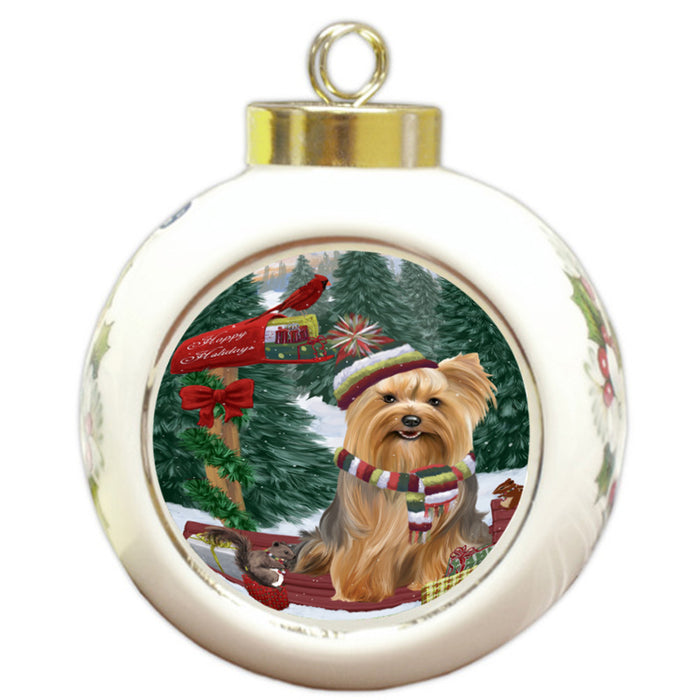 Merry Christmas Woodland Sled Yorkshire Terrier Dog Round Ball Christmas Ornament RBPOR55438