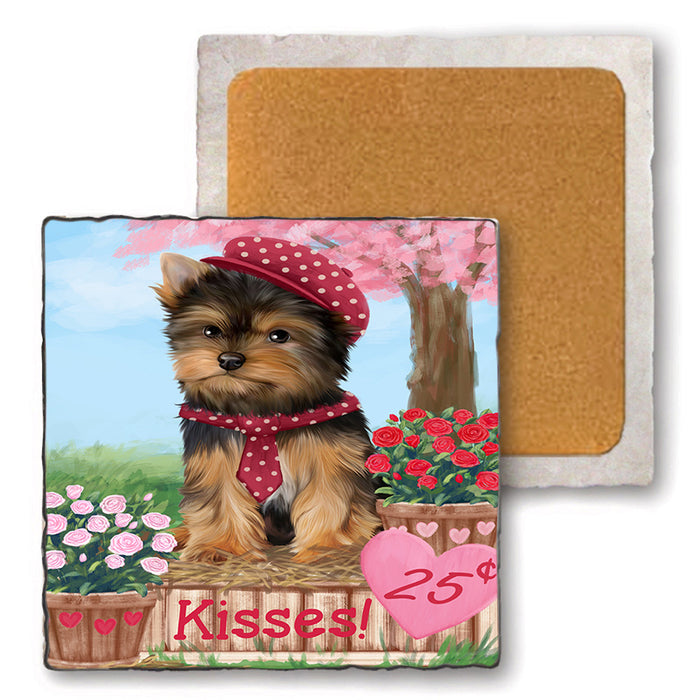 Rosie 25 Cent Kisses Yorkshire Terrier Dog Set of 4 Natural Stone Marble Tile Coasters MCST51276