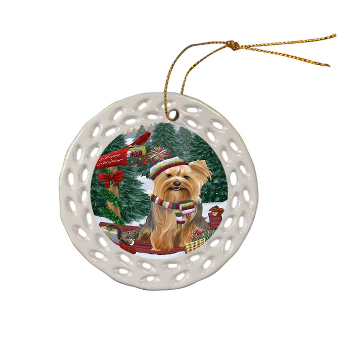 Merry Christmas Woodland Sled Yorkshire Terrier Dog Ceramic Doily Ornament DPOR55438