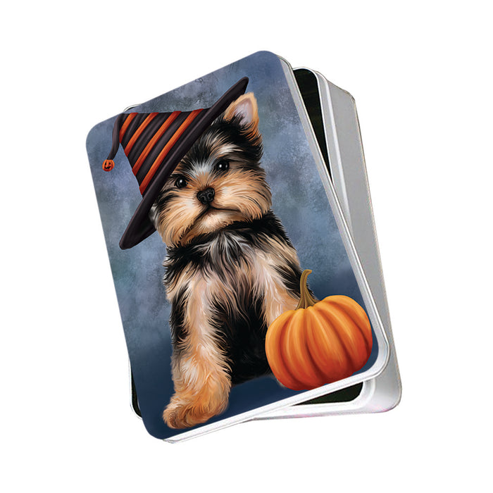 Happy Halloween Yorkshire Terrier Dog Wearing Witch Hat with Pumpkin Photo Storage Tin PITN54790
