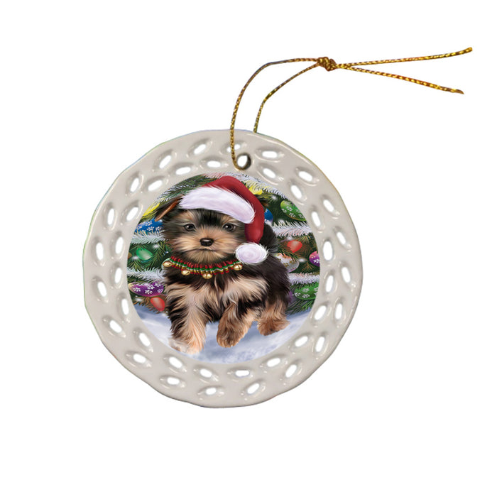 Trotting in the Snow Yorkshire Terrier Dog Ceramic Doily Ornament DPOR54734
