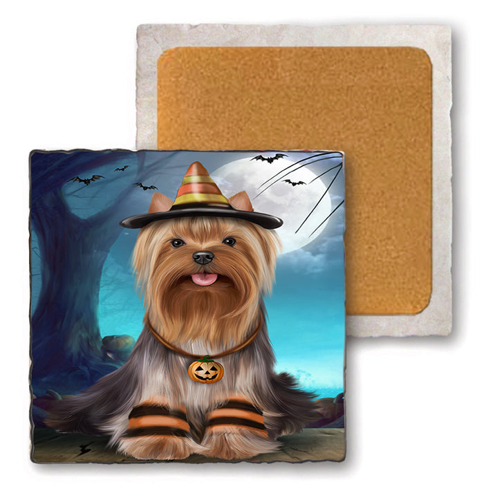 Happy Halloween Trick or Treat Yorkshire Terrier Dog Set of 4 Natural Stone Marble Tile Coasters MCST49549