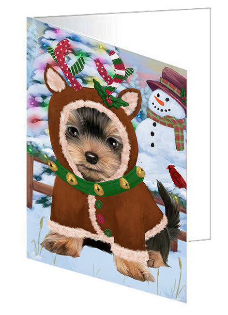 Christmas Gingerbread House Candyfest Yorkshire Terrier Dog Handmade Artwork Assorted Pets Greeting Cards and Note Cards with Envelopes for All Occasions and Holiday Seasons GCD74342