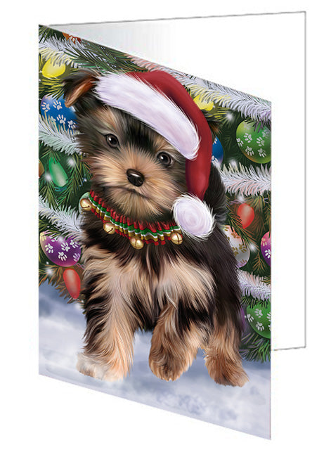 Trotting in the Snow Yorkshire Terrier Dog Handmade Artwork Assorted Pets Greeting Cards and Note Cards with Envelopes for All Occasions and Holiday Seasons GCD68231