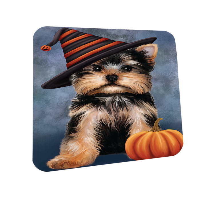 Happy Halloween Yorkshire Terrier Dog Wearing Witch Hat with Pumpkin Coasters Set of 4 CST54805