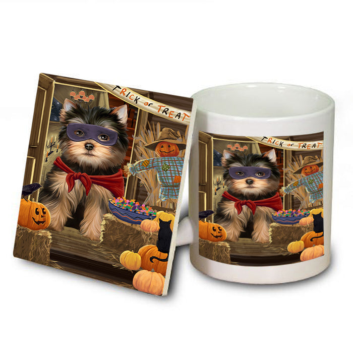Enter at Own Risk Trick or Treat Halloween Yorkshire Terrier Dog Mug and Coaster Set MUC53347