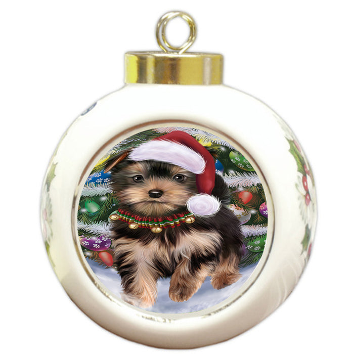 Trotting in the Snow Yorkshire Terrier Dog Round Ball Christmas Ornament RBPOR54734