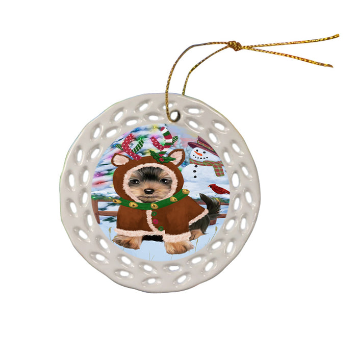 Christmas Gingerbread House Candyfest Yorkshire Terrier Dog Ceramic Doily Ornament DPOR56965