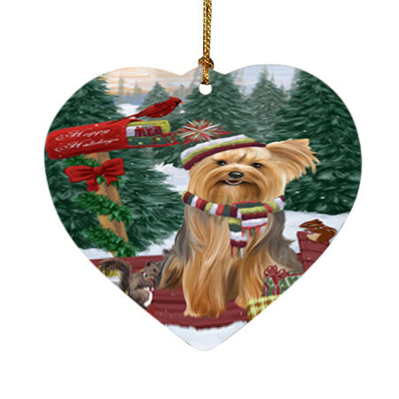 Merry Christmas Woodland Sled Yorkshire Terrier Dog Heart Christmas Ornament HPOR55438