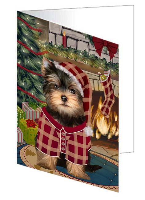 The Stocking was Hung Yorkshire Terrier Dog Handmade Artwork Assorted Pets Greeting Cards and Note Cards with Envelopes for All Occasions and Holiday Seasons GCD71528