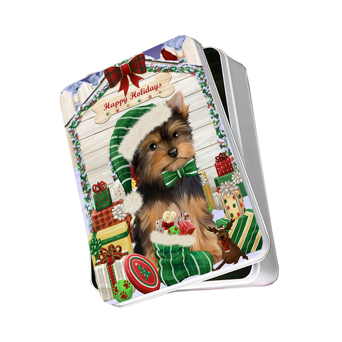 Happy Holidays Christmas Yorkshire Terrier Dog House With Presents Photo Storage Tin PITN51541
