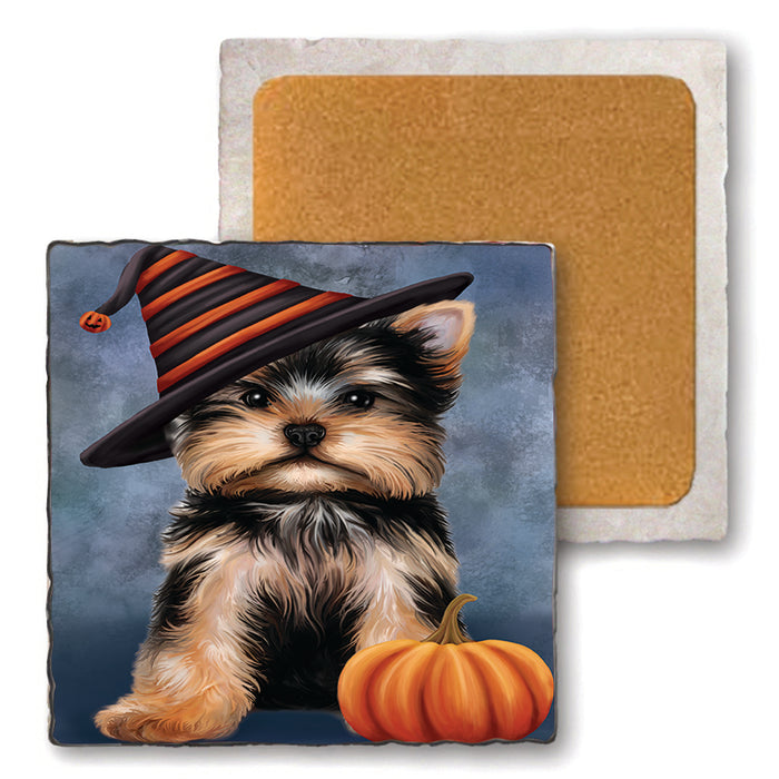 Happy Halloween Yorkshire Terrier Dog Wearing Witch Hat with Pumpkin Set of 4 Natural Stone Marble Tile Coasters MCST49847