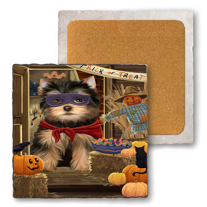 Enter at Own Risk Trick or Treat Halloween Yorkshire Terrier Dog Set of 4 Natural Stone Marble Tile Coasters MCST48355