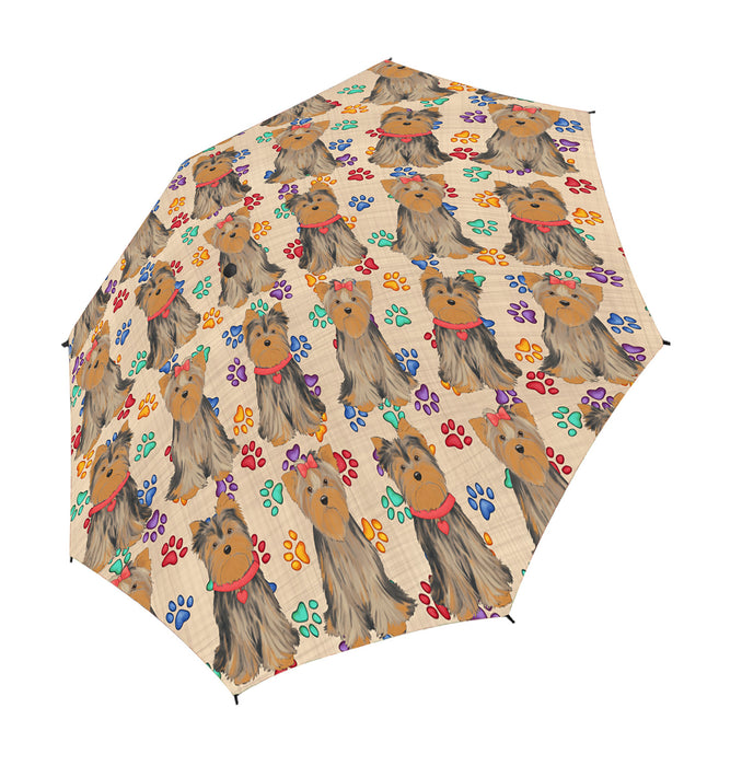 Rainbow Paw Print Yorkshire Terrier Dogs Red Semi-Automatic Foldable Umbrella