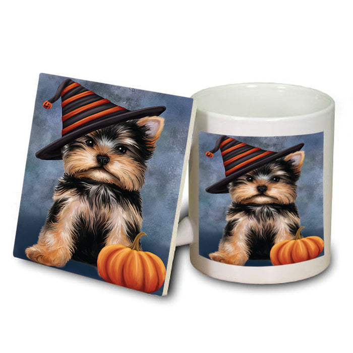 Happy Halloween Yorkshire Terrier Dog Wearing Witch Hat with Pumpkin Mug and Coaster Set MUC54839